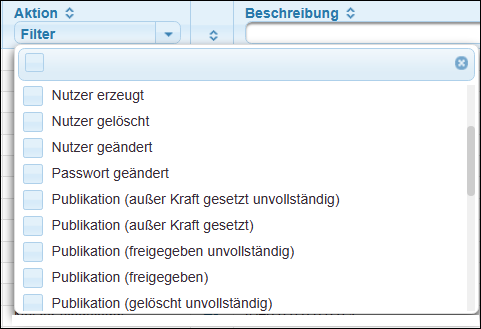 Liste der protokollierbaren Aktionen (Ausschnitt)