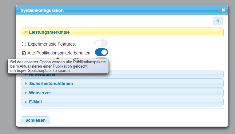 Option »Alte Publikationspakete behalten«