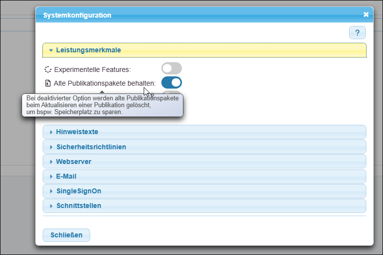 Option »Alte Publikationspakete behalten«