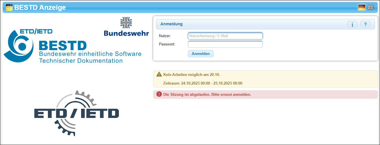 Anmeldemaske mit Hinweis auf eine bevorstehende Serverwartung