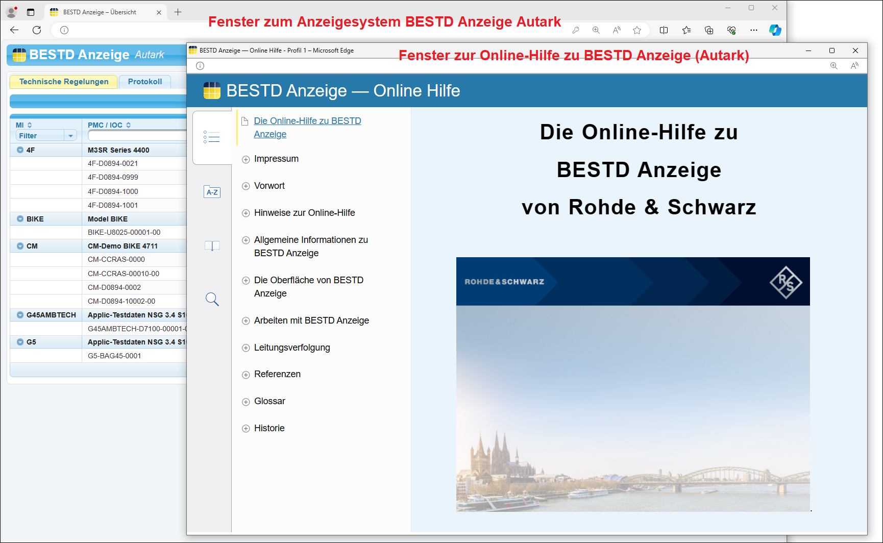 Zwei Fenster: Das Anzeigesystem und die Online-Hilfe