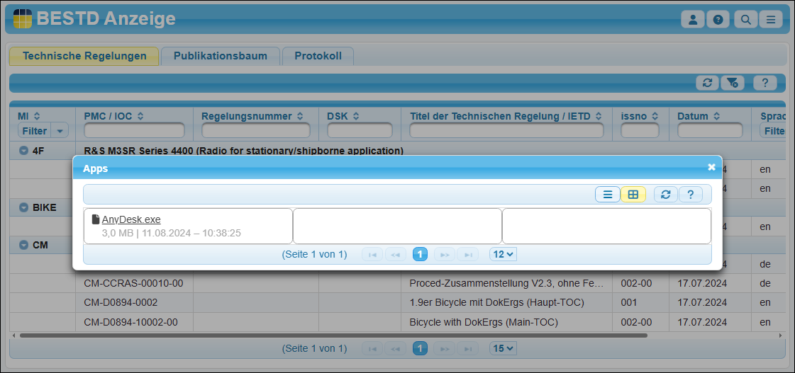 Die Liste der dem Anwender zur Verfügung stehenden Apps