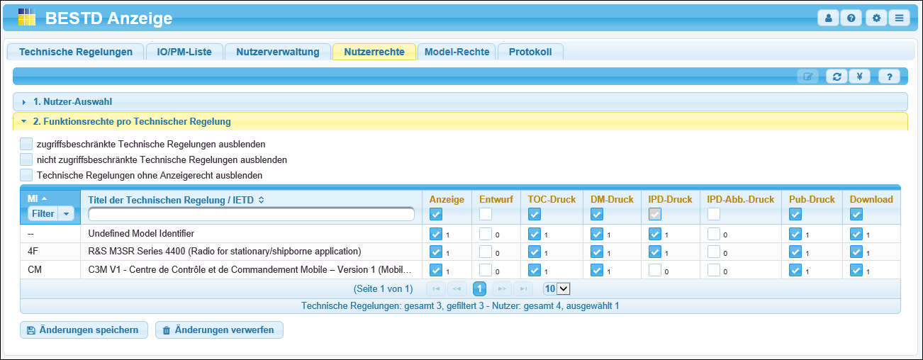 Bereich »Funktionsrechte pro Technischer Regelung«
