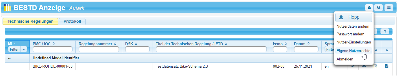 Aufrufen der eigenen Nutzerrechte