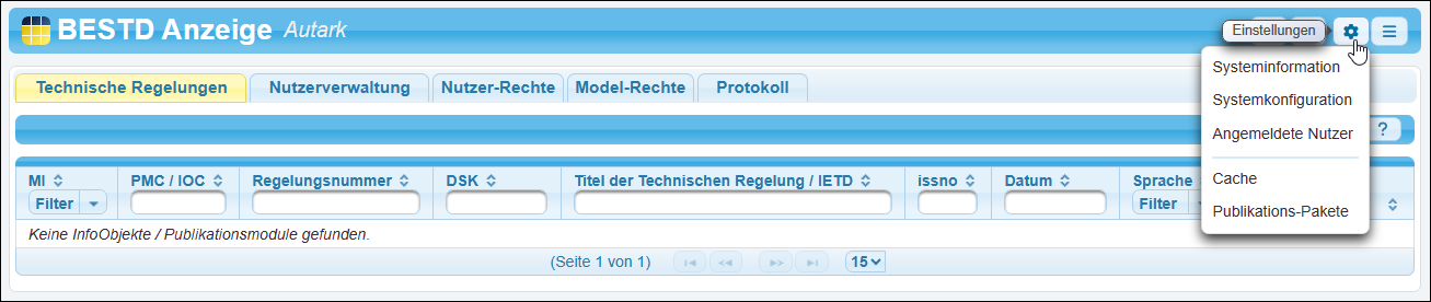 »Einstellungen« für einen System-Administrator
