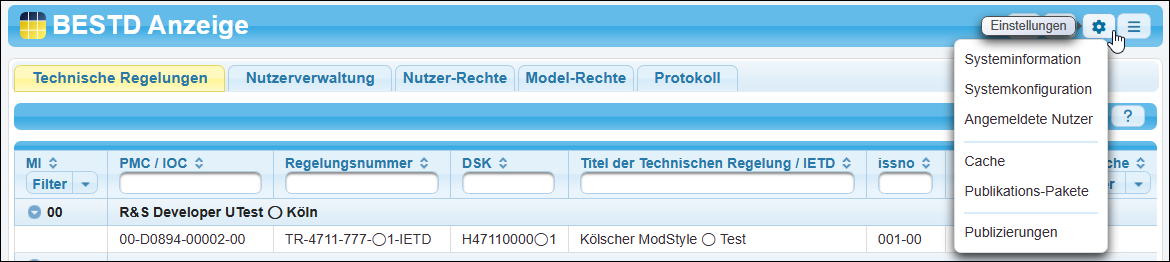 »Einstellungen« für einen System-Administrator