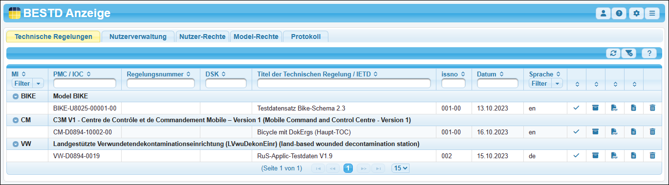 Startseite für einen Administrator mit der Liste der Technischen Regelungen (hier in der Variante »Zentral«)