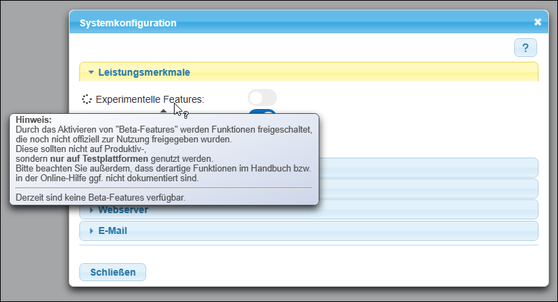 Hinweistext zu »Experimentelle Features«