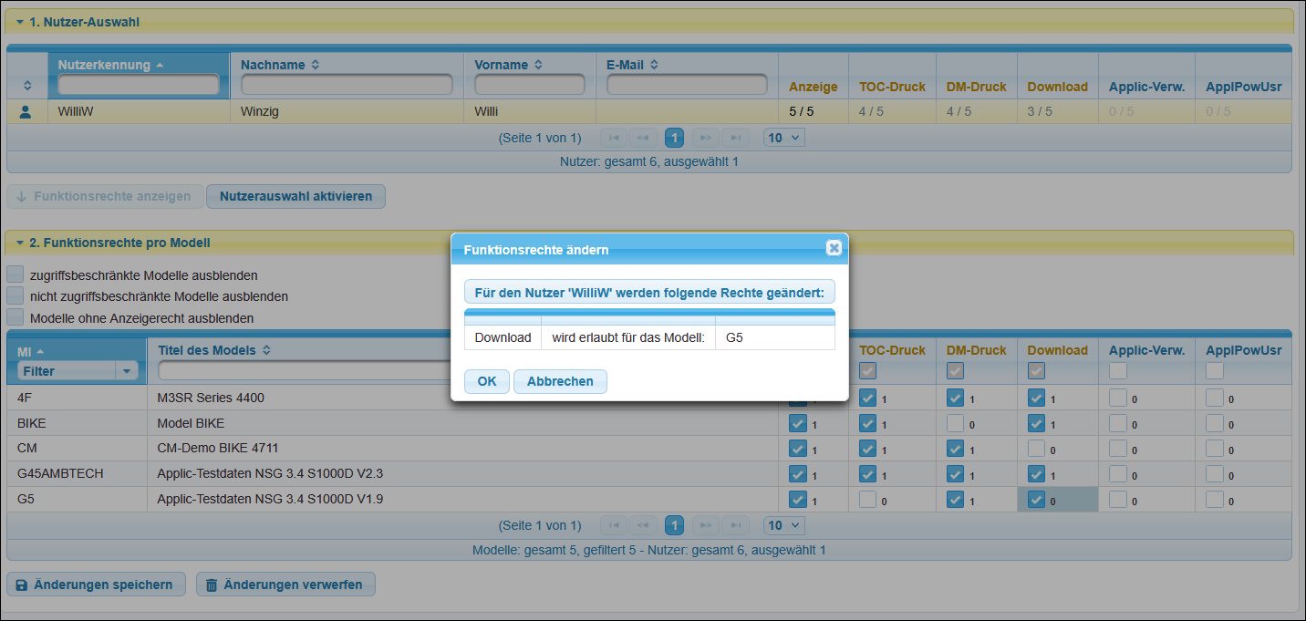 Hinweis auf zu ändernde Funktionsrechte