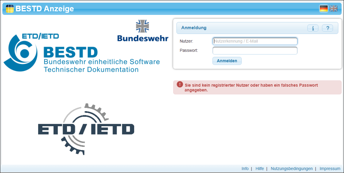 Hinweismeldung beim Versuch, sich als gelöschter Nutzer anzumelden