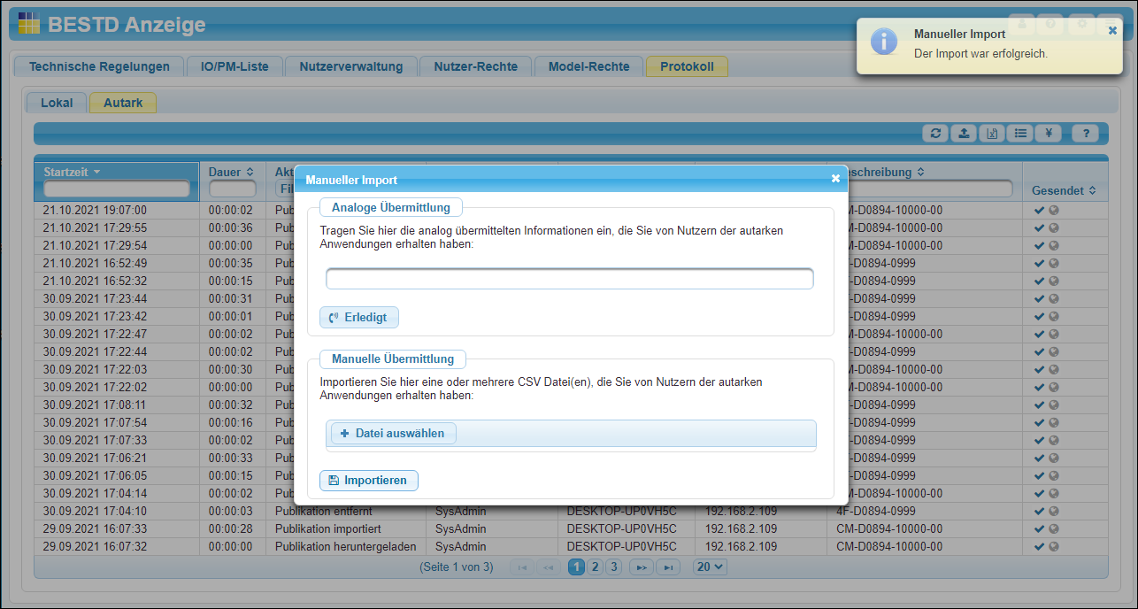 Hinweis auf einen erfolgreichen Import der CSV-Datei