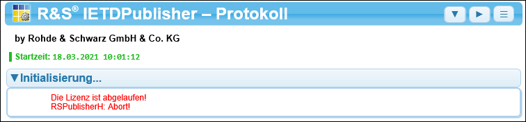 Das Publizierungsprotokoll meldet eine abgelaufene Lizenz.