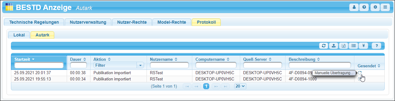 Das Protokoll zeigt eine manuelle Übertragung (hier der Import einer Publikation).