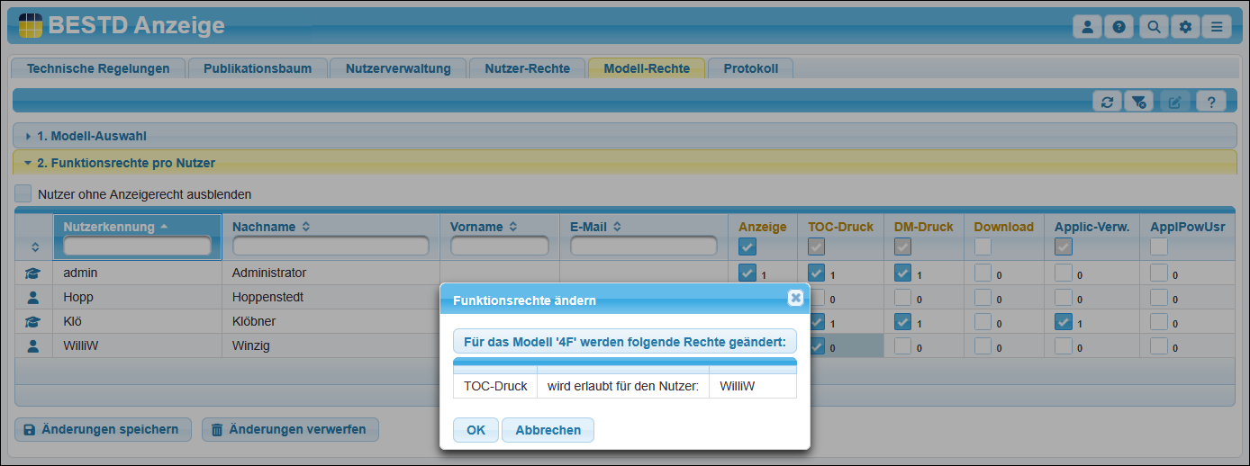 Hinweis auf zu ändernde Modellrechte