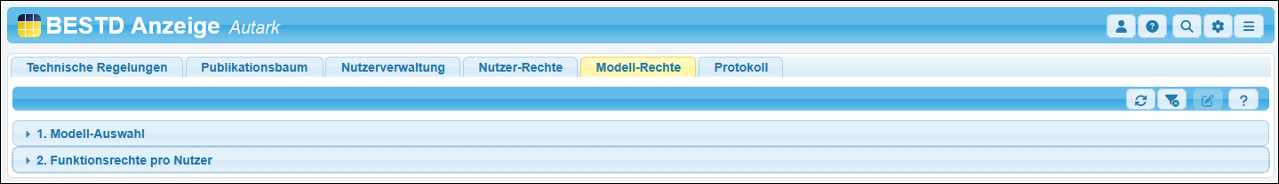 Die beiden Bereiche »Modell-Auswahl« und »Funktionsrechte pro Nutzer« sind aktuell geschlossen.