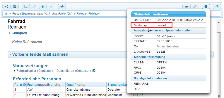 Die Status-Informationen zum Datenmodul geben u.a. den Modultyp an.