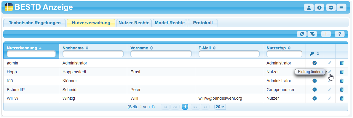 Funktion »Eintrag ändern« zum Ändern der Nutzerangaben