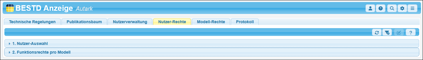 Die beiden Bereiche »Nutzer-Auswahl« und »Funktionsrechte pro Modell« sind aktuell geschlossen.