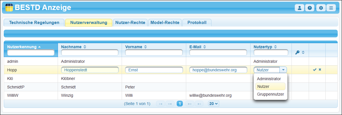 Auswahlliste zum Nutzertyp eines Nutzers