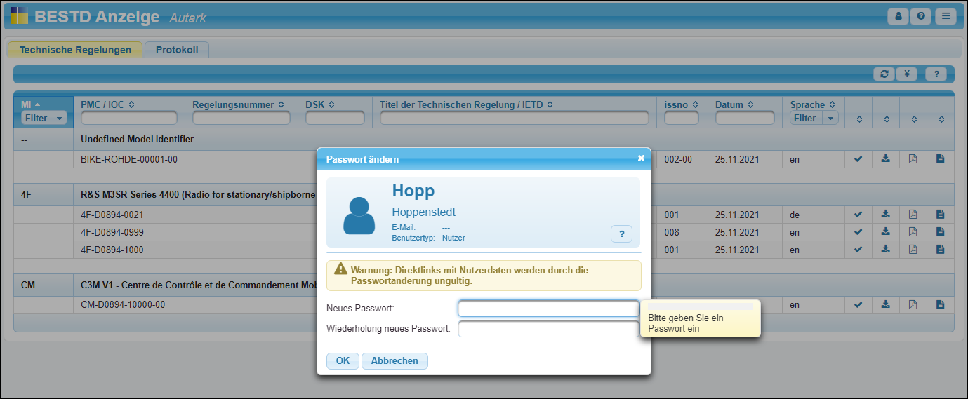 Dialog zur Passwortvergabe