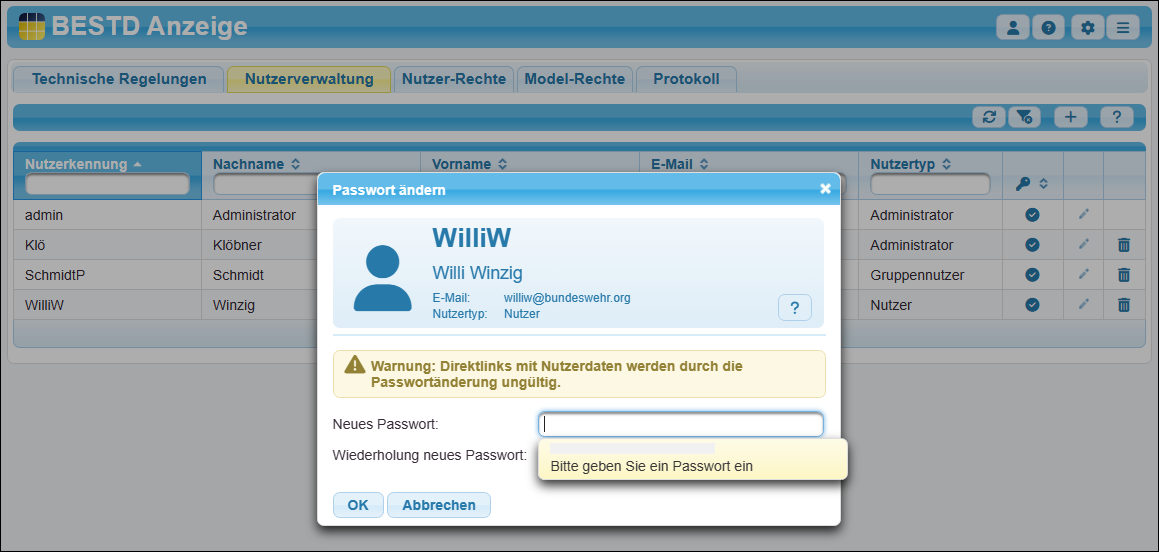 Dialogfenster zur Änderung des Nutzerpasswortes
