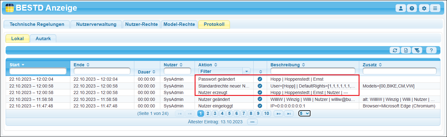 Protokollangaben zu einem neuen Nutzer