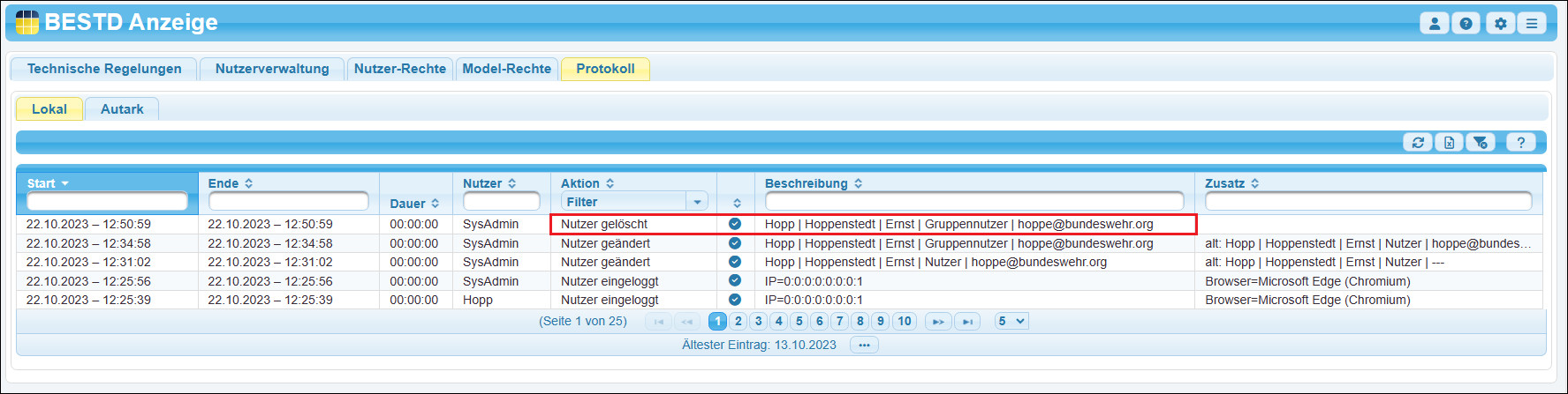 Die Löschung eines Nutzers im Protokoll (»Nutzer gelöscht«)