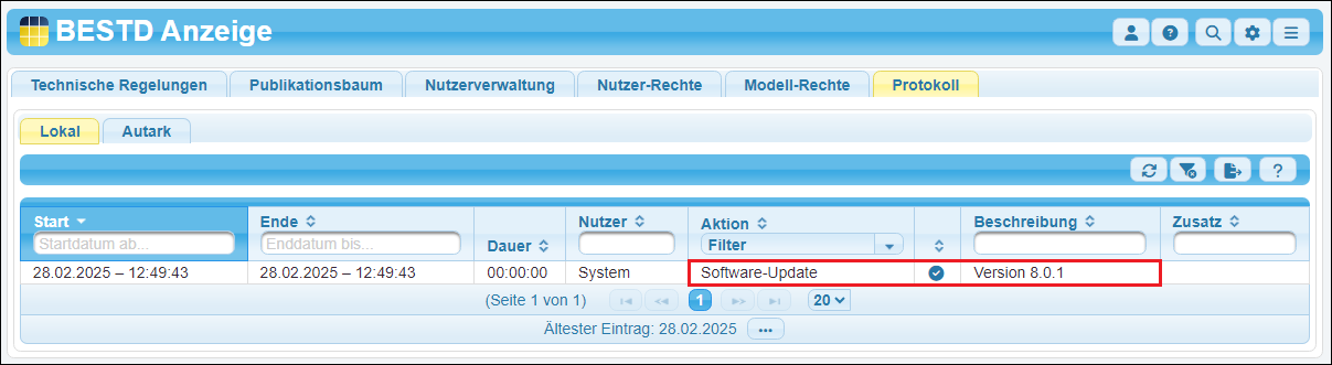 Protokolleintrag zu einem Software-Update Protokolleintrag zu einem Software-Update