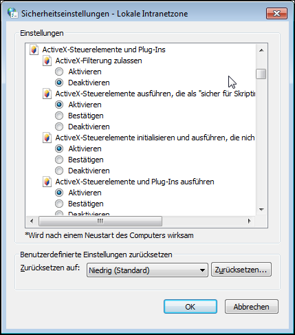 Dialog »Sicherheitseinstellungen« im Internet Explorer