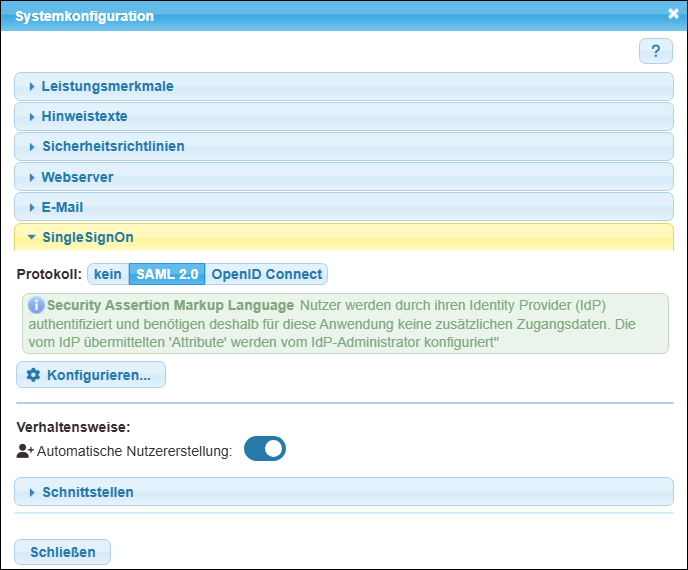 Themenbereich »SingleSignOn« in der Systemkonfiguration