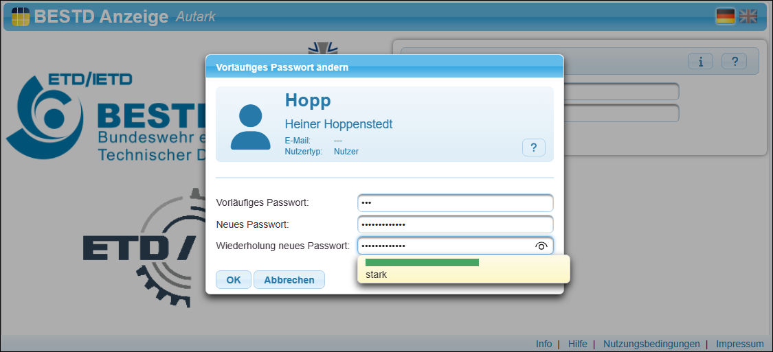 Das neue Passwort wurde als »stark« bewertet.
