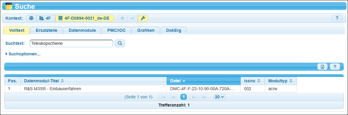 s wurde genau ein Datenmodul – das Datenmodul mit dem Datenmodul-Titel »R&S M3SR  - Einbauverfahren« – als Treffer ermittelt.