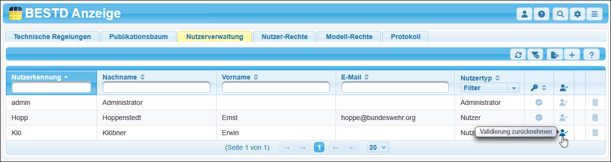 Die Validierung eines Nutzers zurücknehmen Die Validierung eines Nutzers zurücknehmen