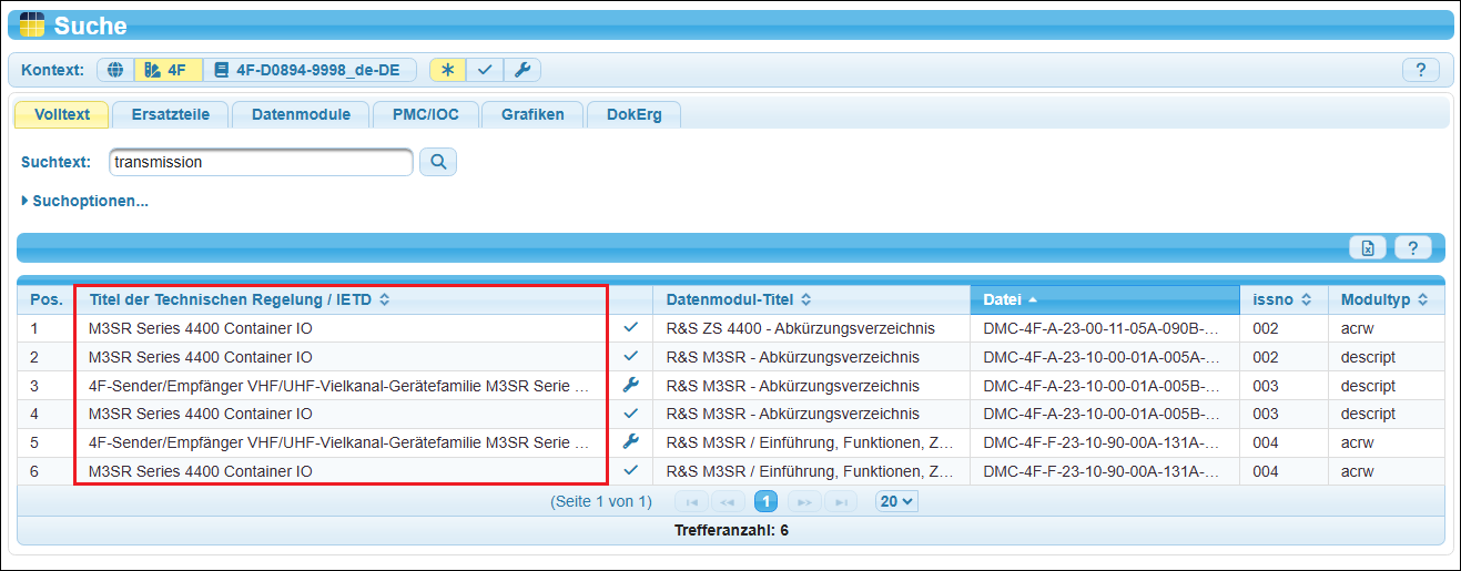 Die Spalte »Titel der Technischen Regelung / IETD« ist beim Kontext »aktuelles Model« hinzugekommen.