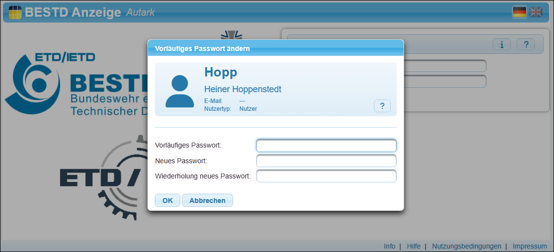 Dialog zum Ändern des vorläufigen Passwortes