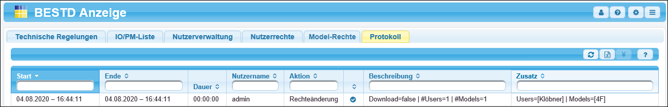 Das Protokoll zeigt die Änderung am Funktionsrecht