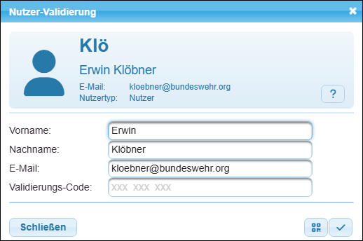 Dialog zur Nutzer-Validierung mit noch leerem Feld zum Validierungs-Code Dialog zur Nutzer-Validierung mit noch leerem Feld zum Validierungs-Code