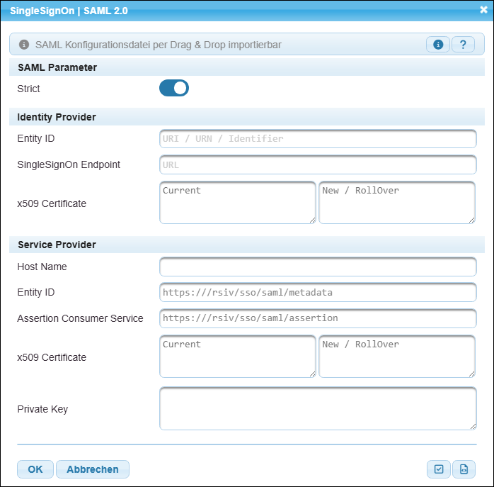 Konfigurationsmaske zu SAML 2.0