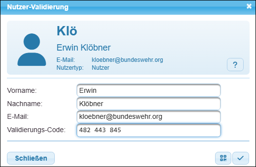 Nutzer-Validierung mit Validierungs-Code im autarken System Nutzer-Validierung mit Validierungs-Code im autarken System